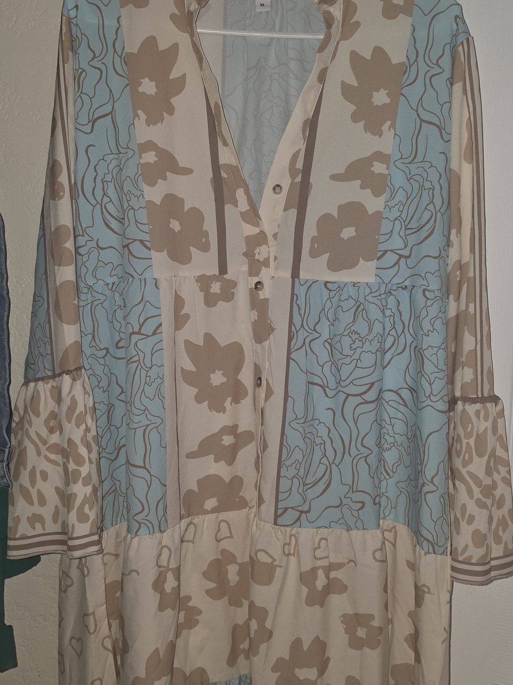 Boho Floral Tiered Shirt Dress - Blue & Beige